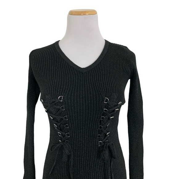 Guess Metallic Ribbed Knit Lace Up Corset Bodycon Dress Retro Y2K - Picture 3 of 12